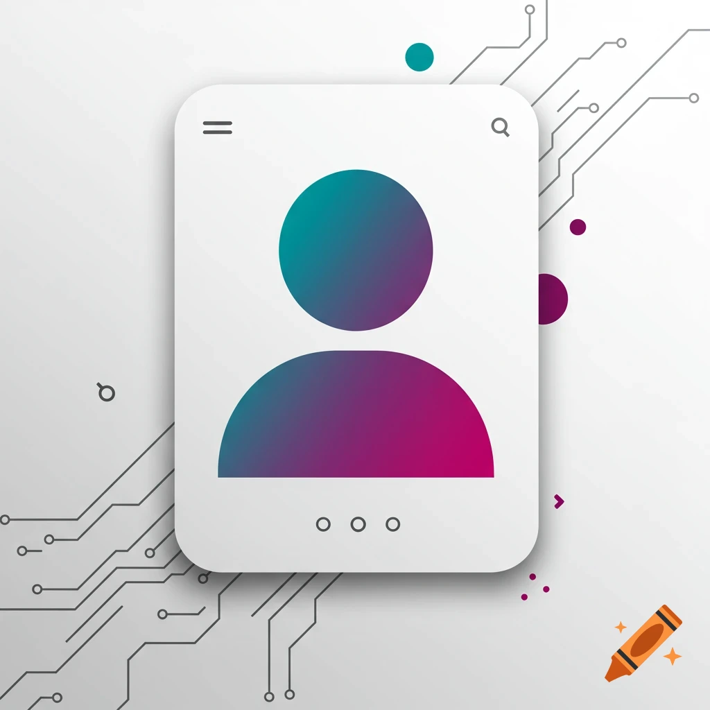 A minimalist user profile icon with gradient colors on a white card, surrounded by circuit board lines.