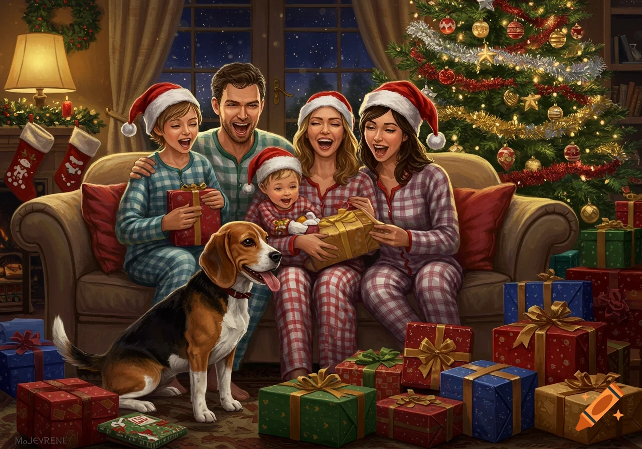 A cheerful family in pajamas and Santa hats opens Christmas gifts with a beagle in a cozy, decorated living room.