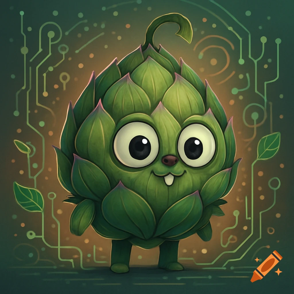 A cute, green, anthropomorphic artichoke mascot with big eyes smiles against a glowing circuit board background.