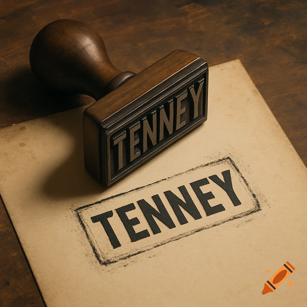 A wooden rubber stamp with 'TENNEY' embossed on it lies on a piece of light brown paper, showing a clear black impression of 'TENNEY'.