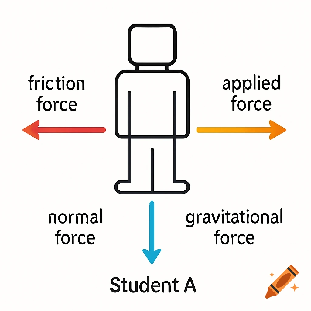 Free body diagram of Student A with labels for friction force, applied force, normal force, and gravitational force.