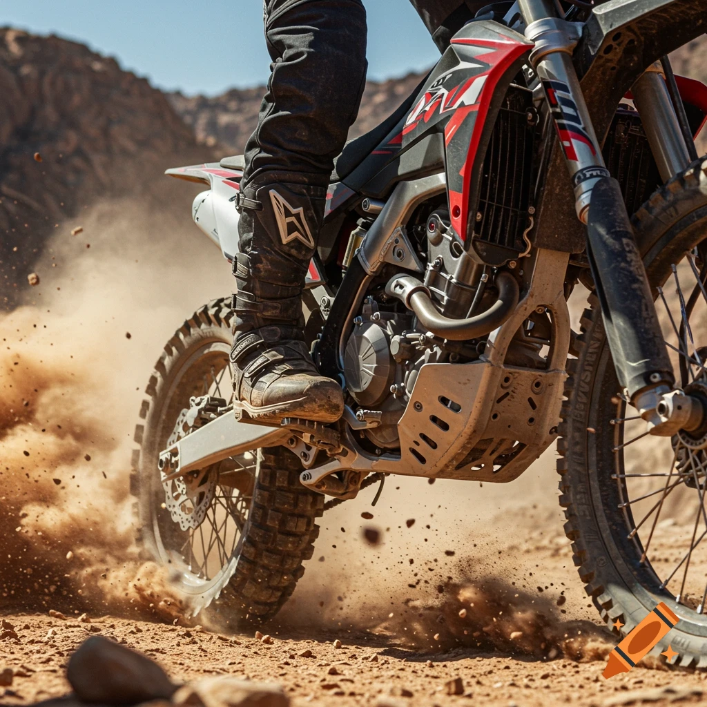 Close-up of a dirt bike rider's leg and boot on a motorcycle in dusty, rocky terrain during an off-road ride, photorealistic.