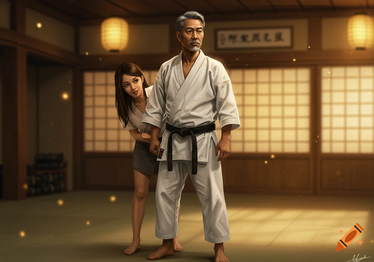 A grey-haired sensei in a white gi stands in a dojo, a young woman in a t-shirt and skirt leans in from behind him, looking up at him.