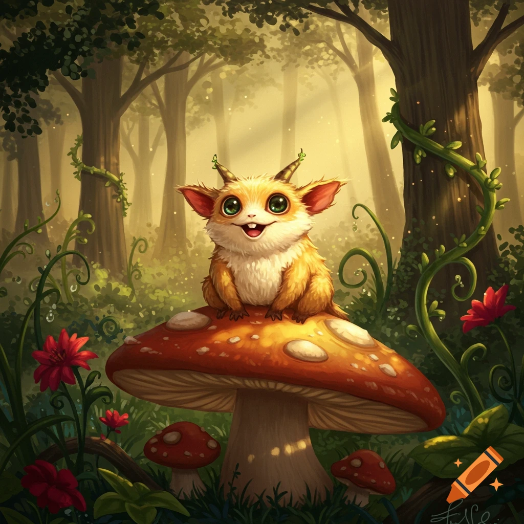 A cute, furry, orange creature with big green eyes and small horns sits on a red mushroom in a vibrant, sunlit fantasy forest.