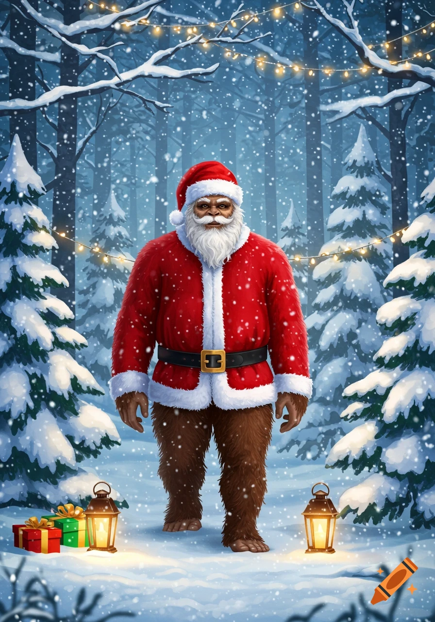 A Bigfoot dressed as Santa Claus stands in a snowy winter forest with Christmas lights, lanterns, and gifts.