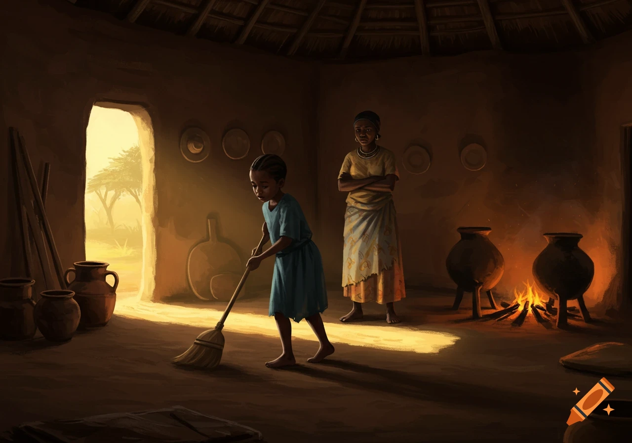 Young African girl sweeps a clay home floor as a woman watches, with firelight, in a storybook illustration.