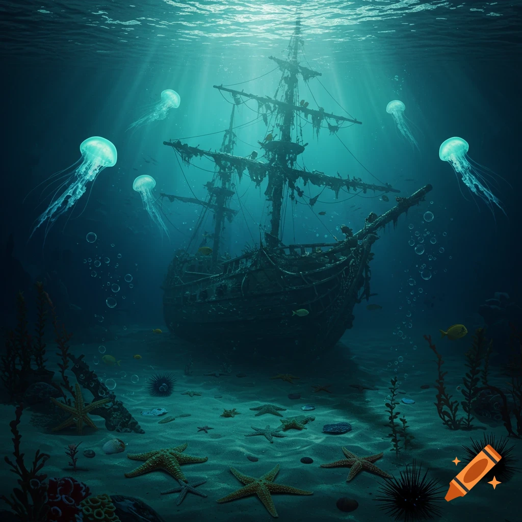 A photorealistic underwater scene with a sunken ship, glowing jellyfish, and starfish on the sandy ocean floor, lit by sunbeams.