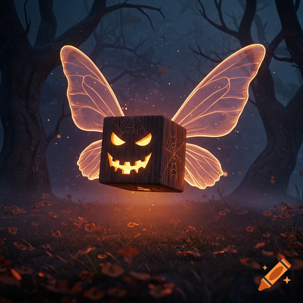 A glowing, winged Halloween block with a jack-o'-lantern face floats in a dark, misty forest with orange flowers.