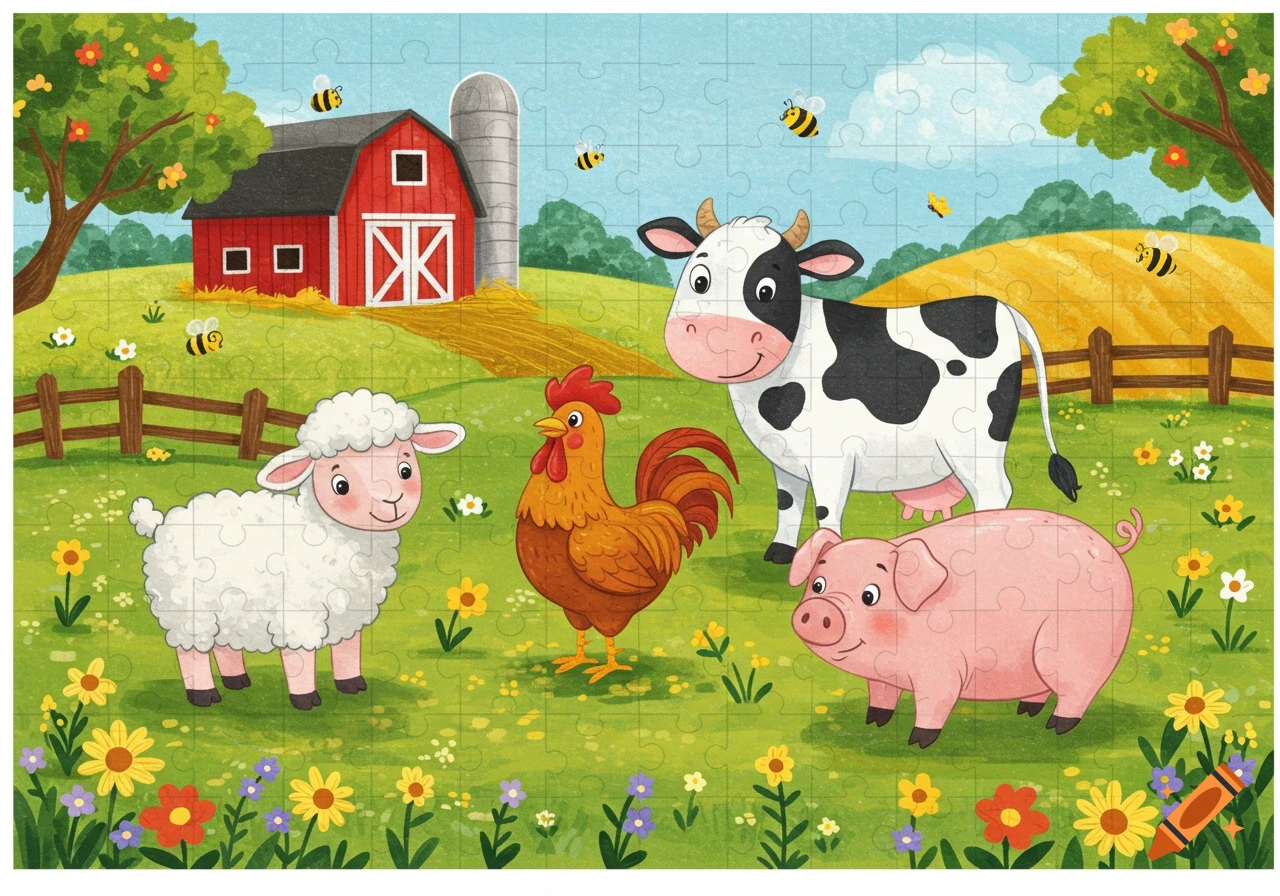 A cartoon farm scene showing a sheep, rooster, cow, and pig in a green field with a barn, presented as a puzzle.
