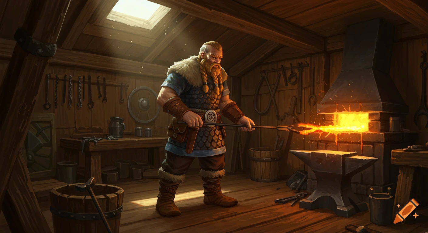 A bearded Viking-like blacksmith forges metal in a rustic workshop with a glowing forge, in a detailed digital painting.