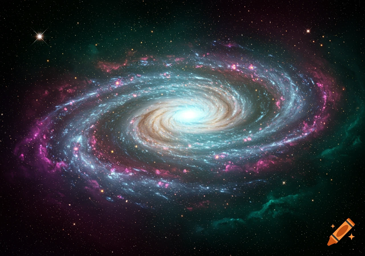 A vibrant spiral galaxy with a bright core, colorful nebulae, and numerous stars against a dark cosmic background.