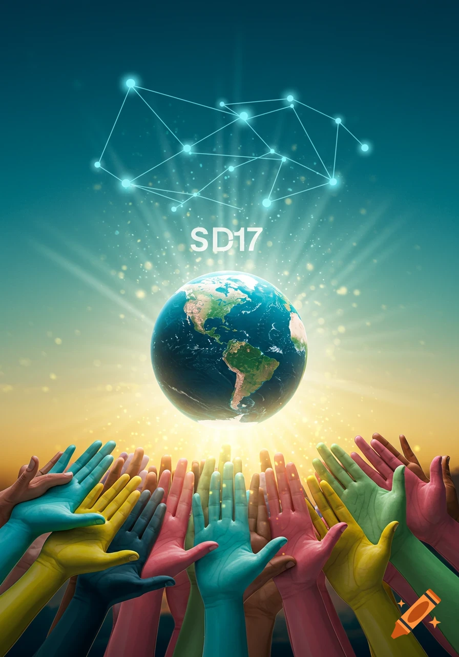 An Earth globe above numerous colorful hands reaching up, with a glowing network and bright light on a blue and yellow background.