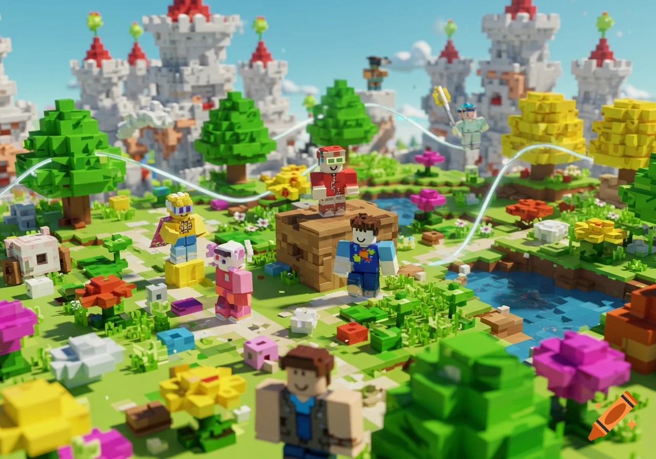 Blocky video game world with multiple characters, castles, trees, and a pond under a blue sky, in a Roblox-like style.