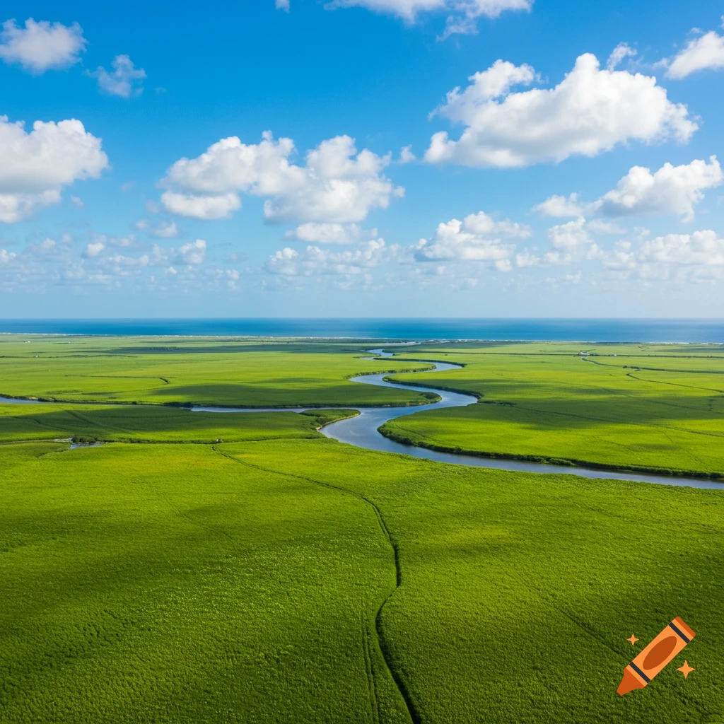An aerial view of a winding river flowing through vibrant green fields towards a blue ocean under a partly cloudy sky, photorealistic.