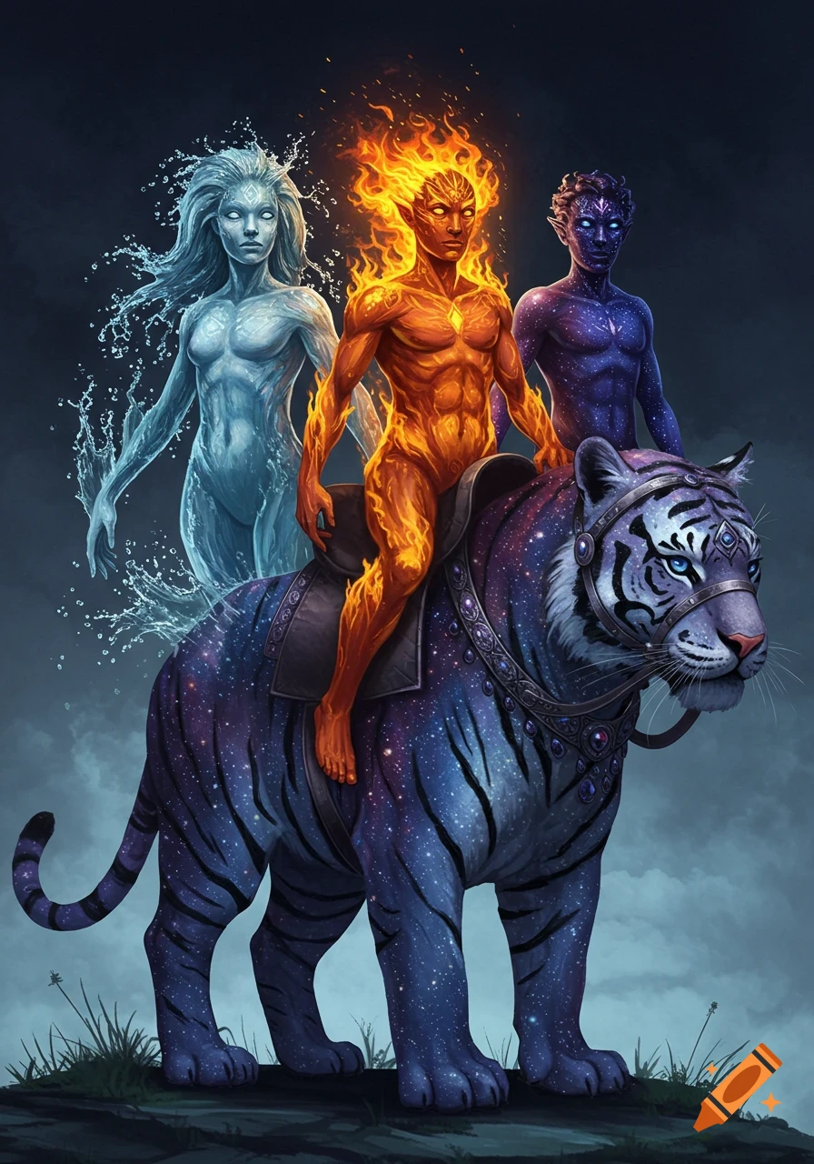 Three elemental figures (water, fire, space) ride a majestic galaxy-patterned tiger with ornate harnesses.