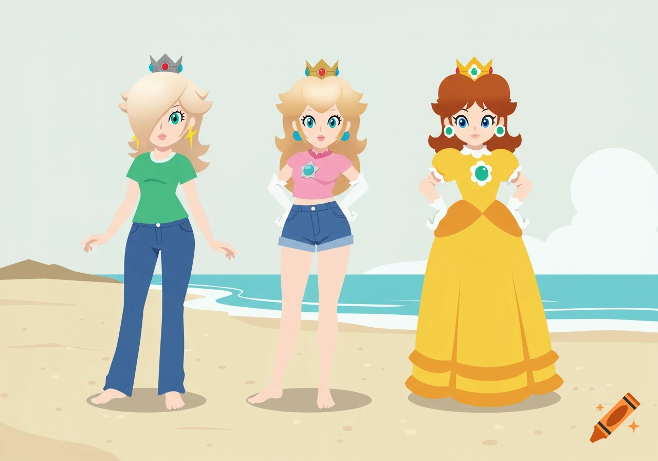 Cartoon illustration of Rosalina, Princess Peach, and Princess Daisy standing on a sandy beach with the ocean behind them.