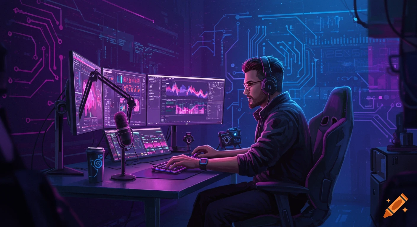 A vibrant cyberpunk digital illustration of a male streamer with headphones at a desk with multiple monitors, microphone, and camera, surrounded by glowing circuit lines.