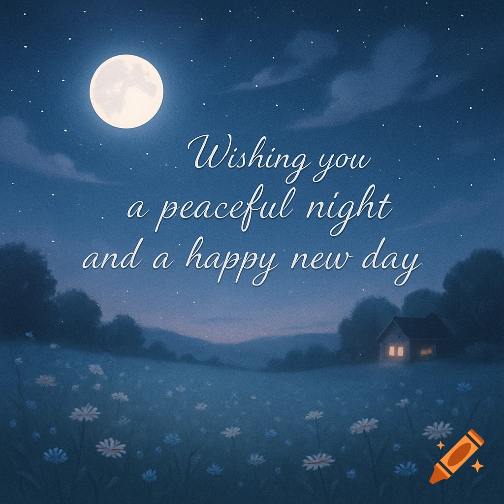 A tranquil night landscape with a full moon, stars, a field of wildflowers, a small illuminated house, and text: 'Wishing you a peaceful night and a happy new day'.