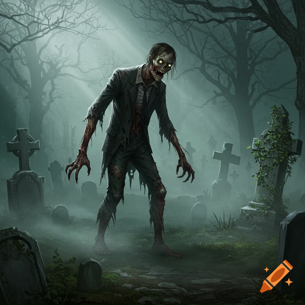 A decaying zombie with glowing eyes and torn clothes walks through a misty graveyard with tombstones and bare trees.
