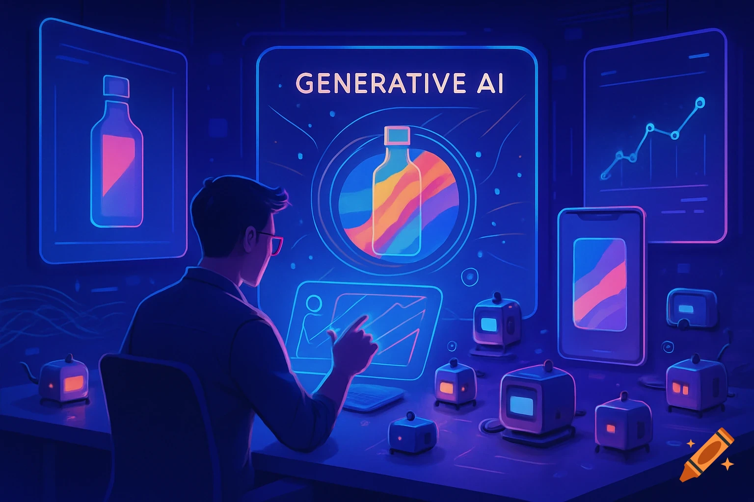 A man interacts with glowing "GENERATIVE AI" displays and data visualizations in a futuristic, neon-lit workspace, digital art.