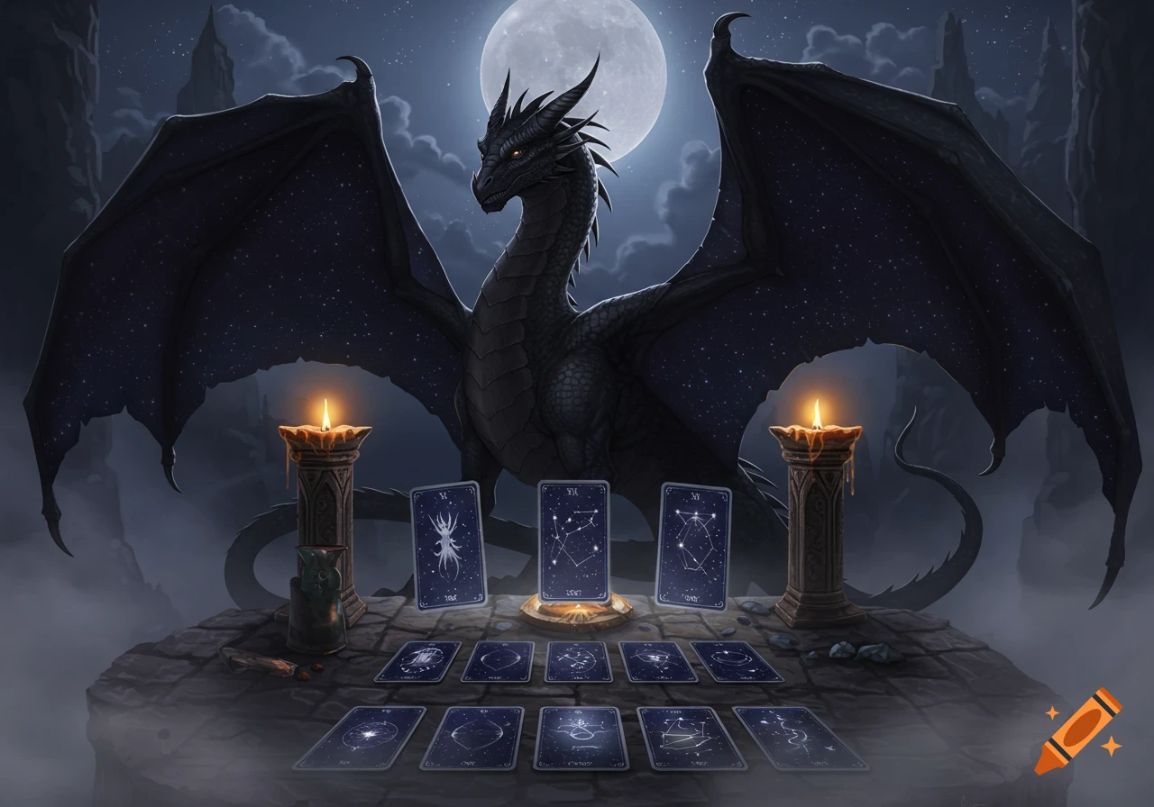 A black dragon with starry wings overlooks an array of tarot cards and lit candles on a stone altar under a full moon.