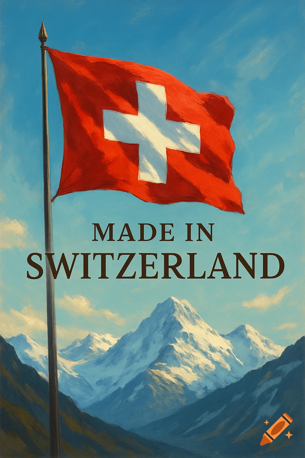 A painterly image of the Swiss flag on a flagpole over snow-capped mountains, with 'MADE IN SWITZERLAND' text.