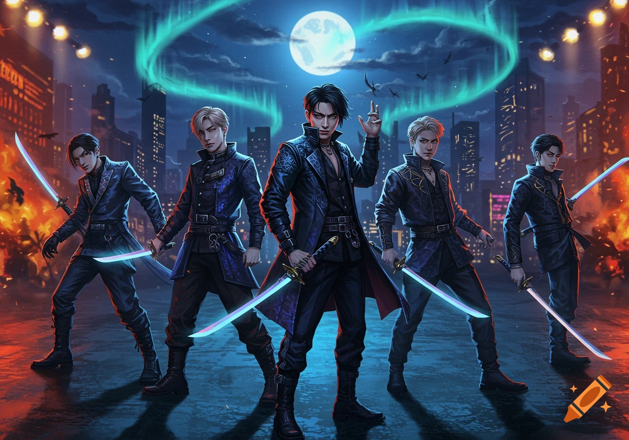 Five stylized men with glowing swords stand in a dark city at night, illuminated by a full moon and green aurora, with distant fires.
