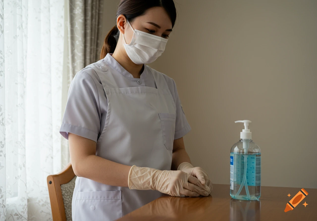 A caregiver in a mask, apron, and gloves stands by a bottle of hand sanitizer on a wooden table.
