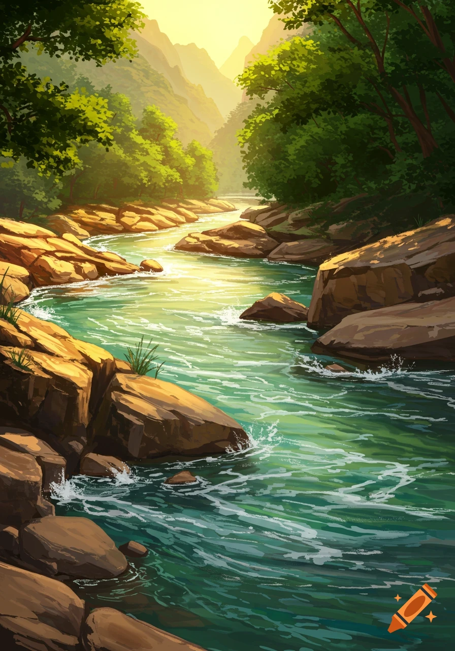 A vibrant, stylized painting of a winding river flowing through a rocky ...