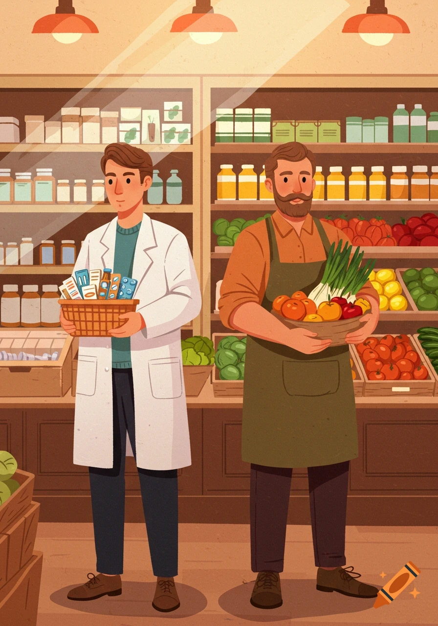 An illustration of a pharmacist holding medicine and a grocer holding fresh produce, standing in a brightly lit store.