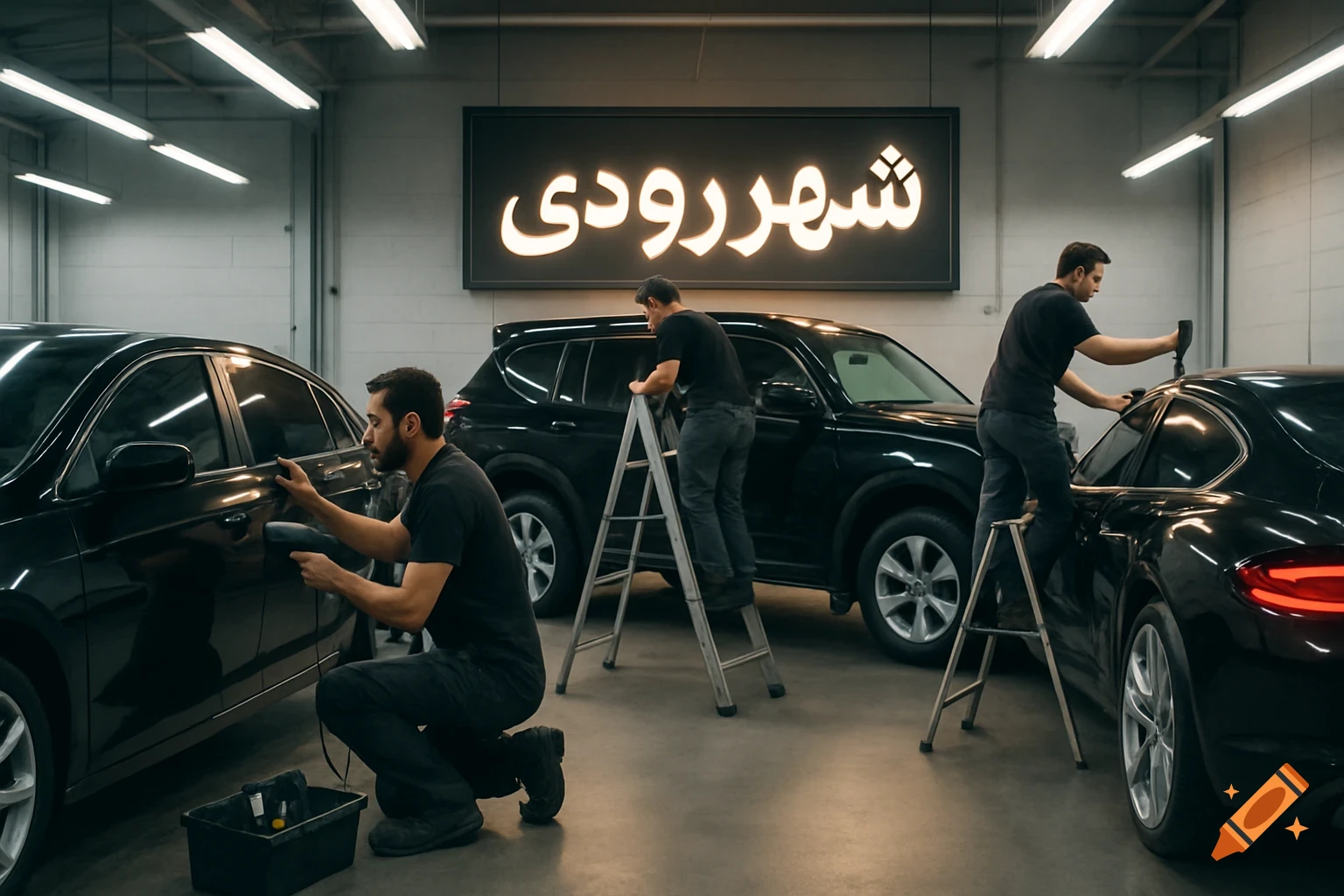 Three men tinting and detailing black cars in a well-lit garage with a Persian sign in the background, photorealistic style.