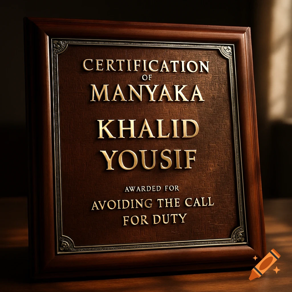 Photorealistic wooden certification plaque with golden text, 'CERTIFICATION OF MANYAKA KHALID YOUSIF AWARDED FOR AVOIDING THE CALL FOR DUTY'.