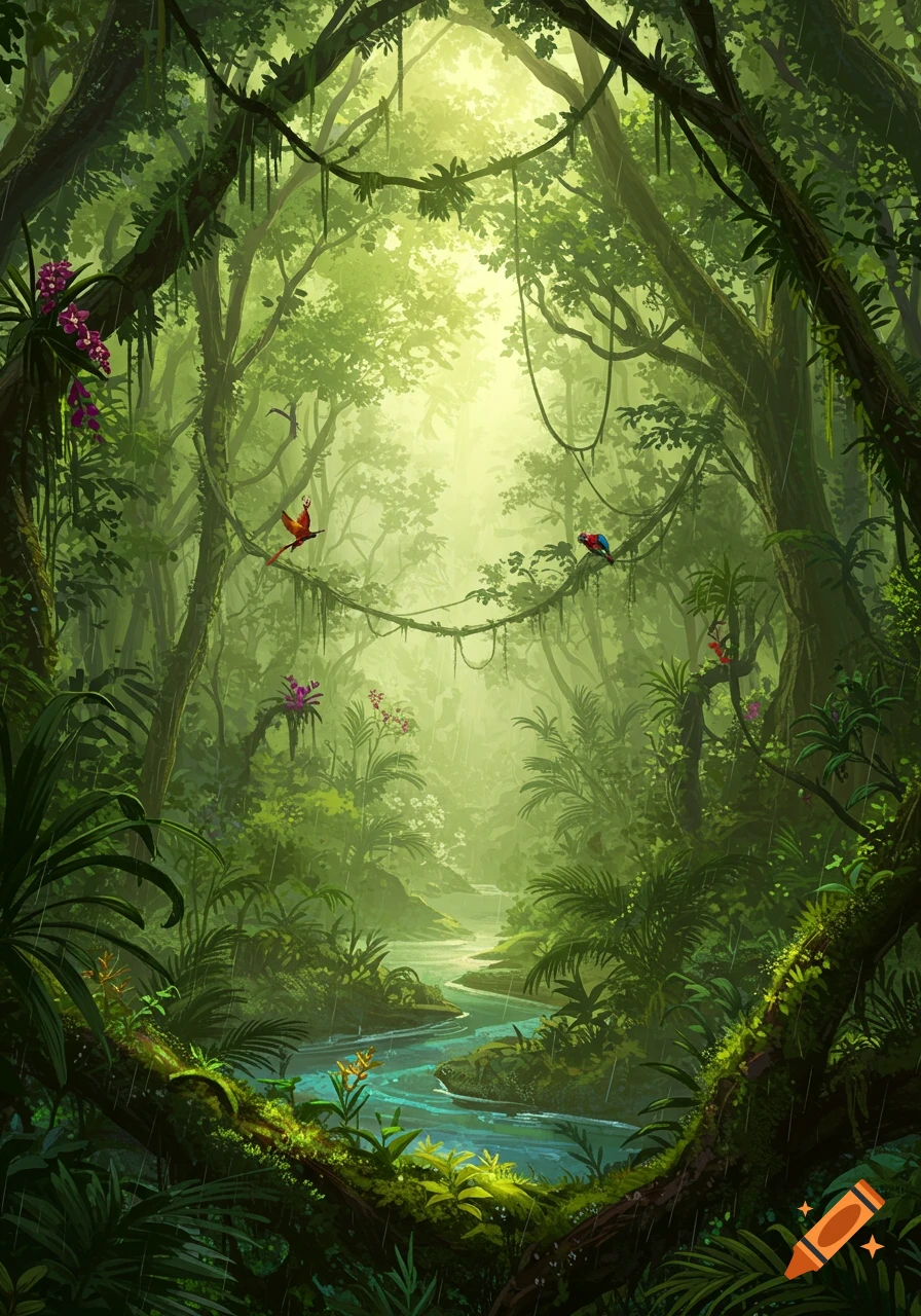 Lush, vibrant rainforest with a winding river, dappled sunlight, and colorful birds perched on vines, in a detailed painterly style.