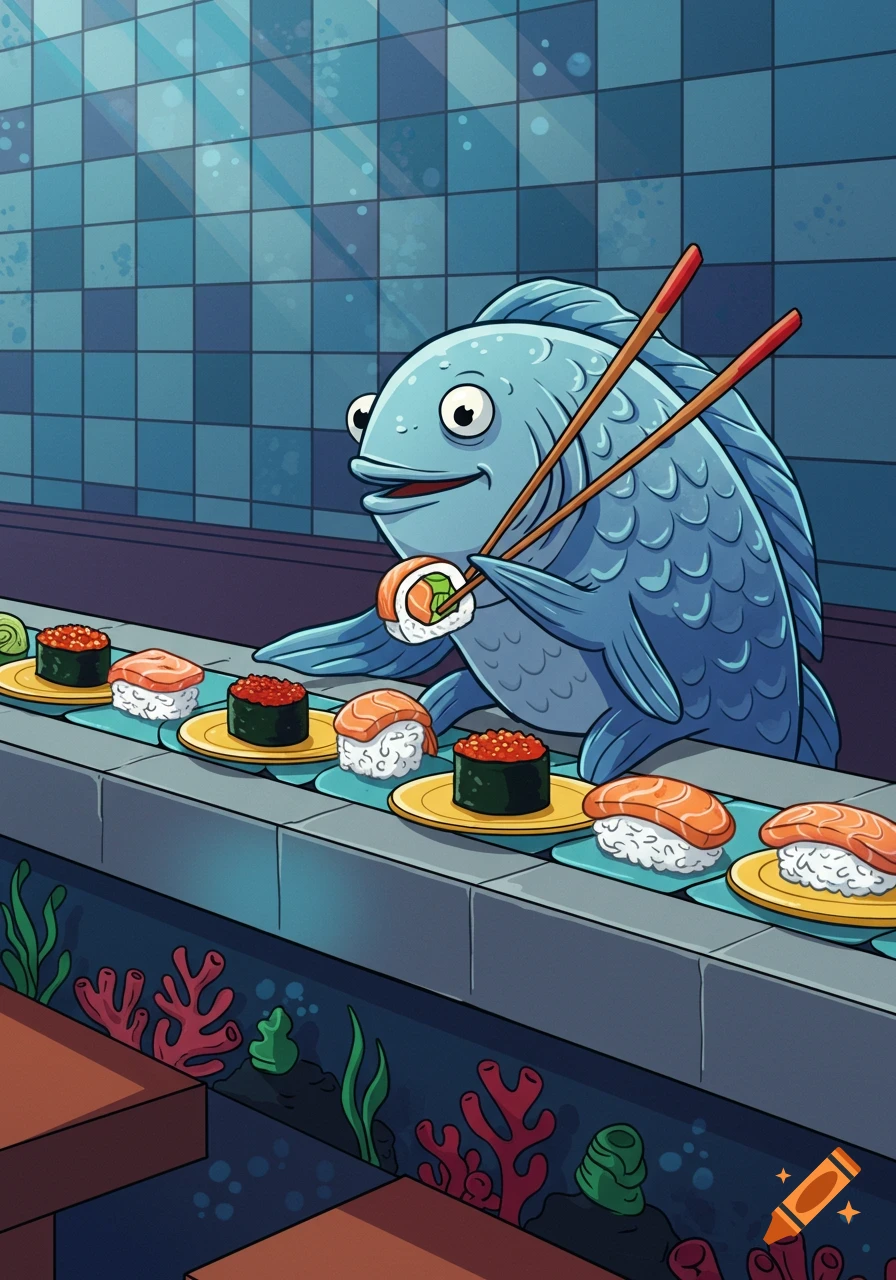 Cartoon fish joyfully eating sushi from a conveyor belt in a humorous, colorful style.