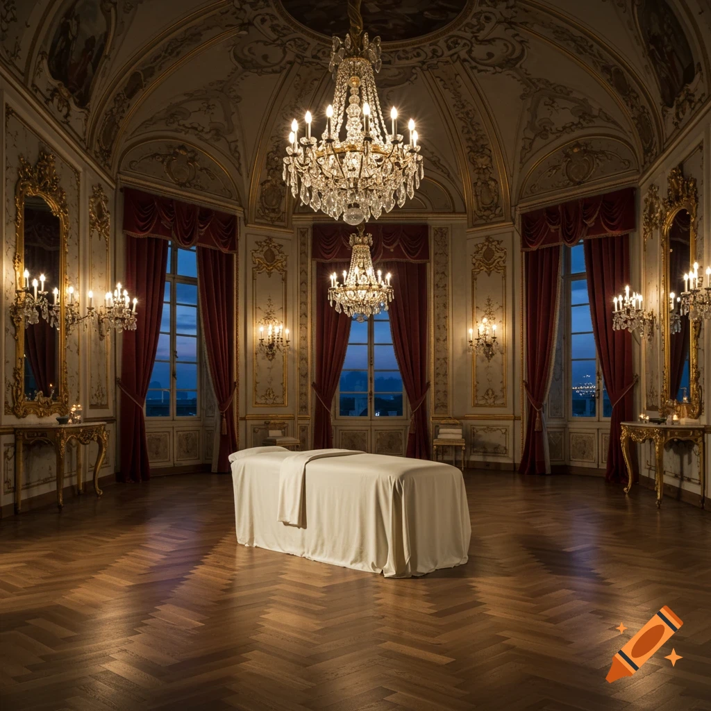 A grand, photorealistic ballroom featuring ornate ceilings, crystal chandeliers, large windows with red velvet curtains, and a massage table in the center.