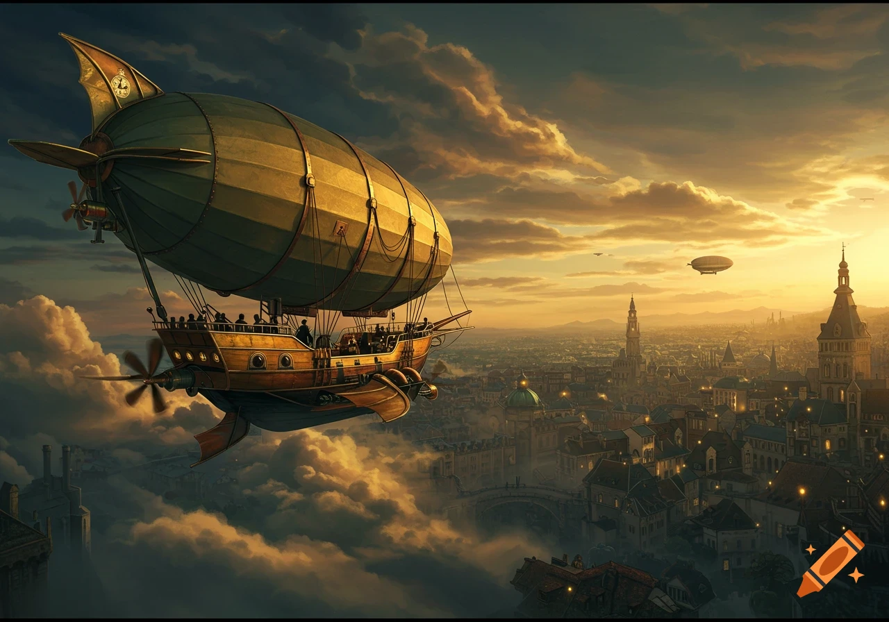 A large steampunk airship with passengers flies over a sprawling city at sunset, illuminated by golden light.