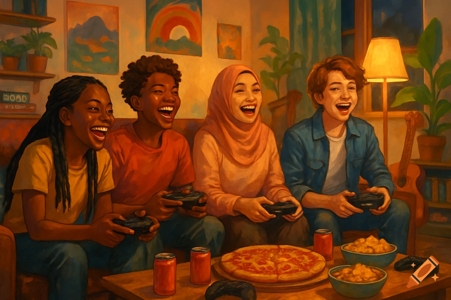 Four diverse teenagers laughing while playing video games in a cozy living room, surrounded by snacks, drinks, and art.