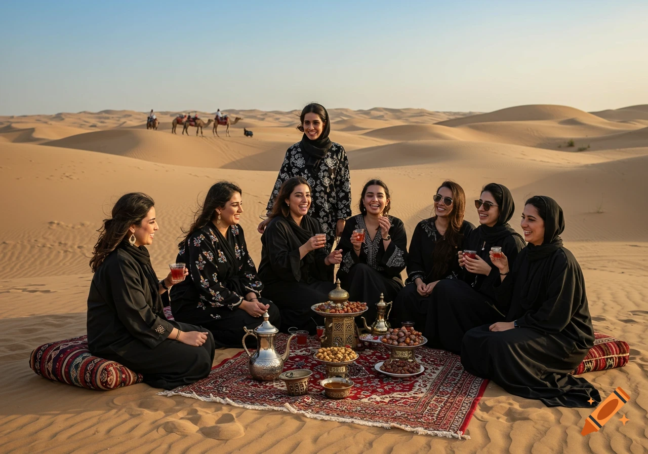 Group of Emirati women enjoying tea and dates on a rug in a sunny desert with camels in the background.