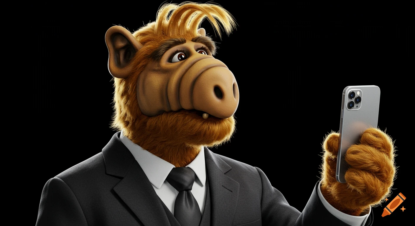 Realistic cinematic portrait of ALF in a black suit holding a smartphone against a black background.