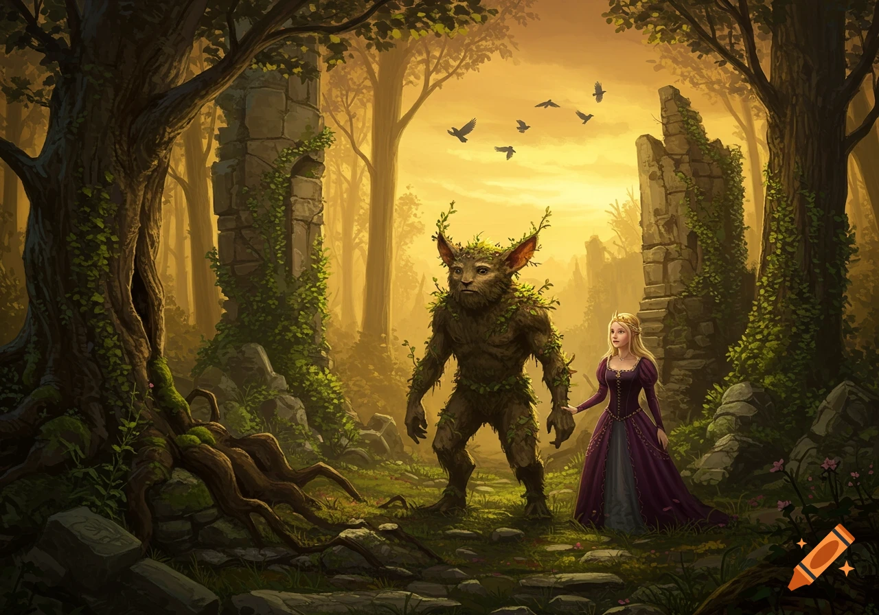 A forest creature and a blonde princess walk hand-in-hand through ancient forest ruins at sunset in a fantasy illustration.