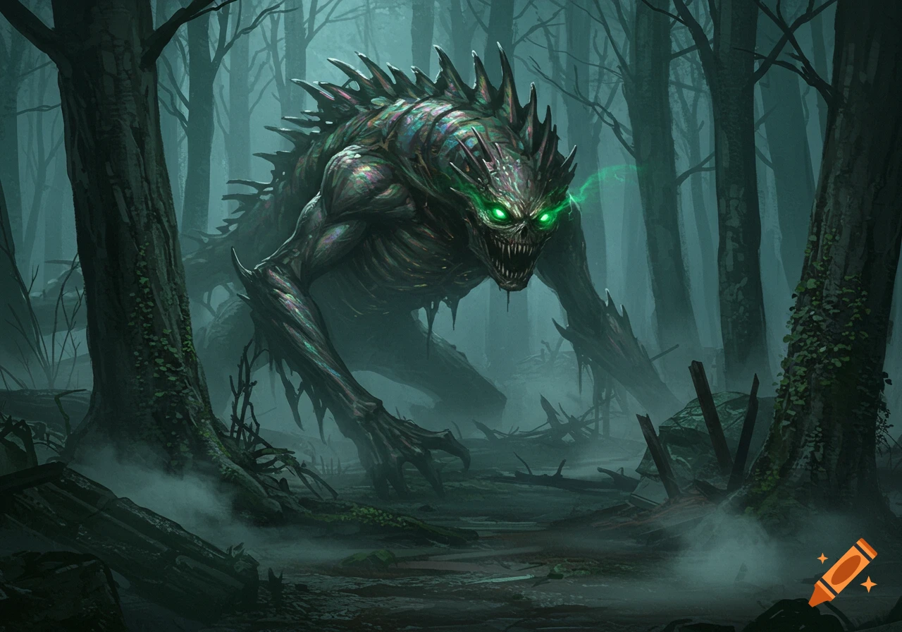A monstrous, spiky creature with glowing green eyes in a dark, misty ...