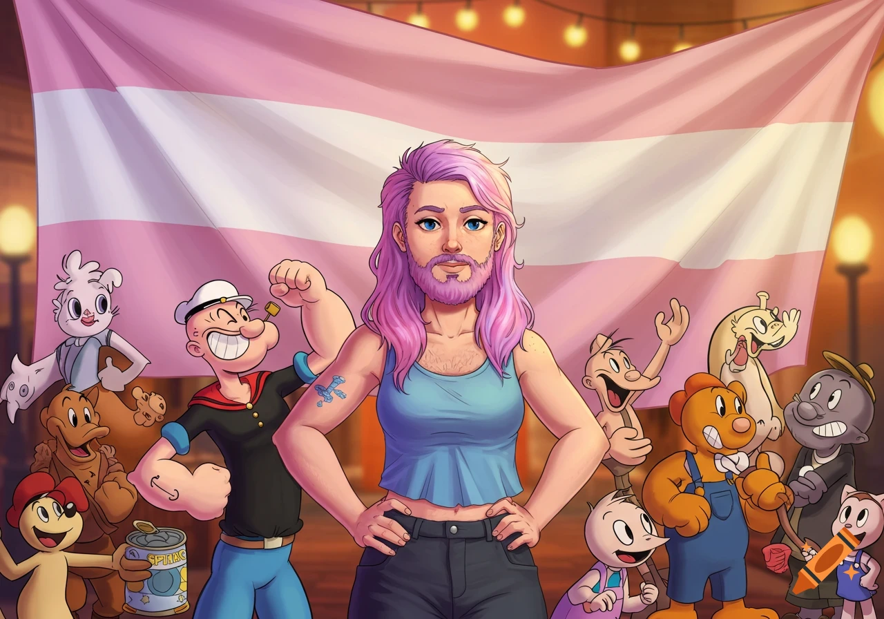 A bearded person with long pink hair and a light blue crop top stands in front of a transgender flag, surrounded by classic cartoon characters like Popeye, Felix the Cat, and Betty Boop's puppy.
