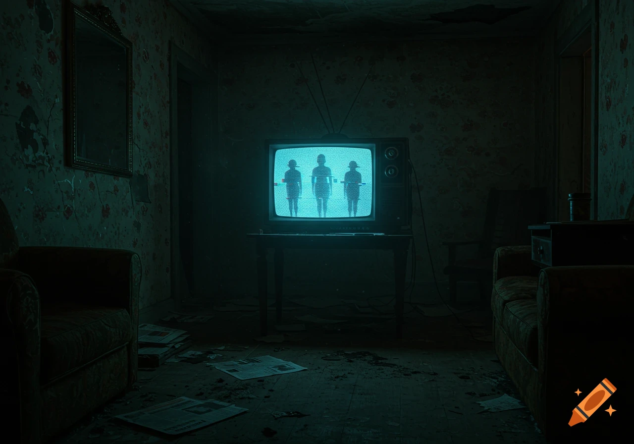 A dark, dilapidated room with an old television displaying three ghostly figures amidst static, evoking an eerie analog horror aesthetic.