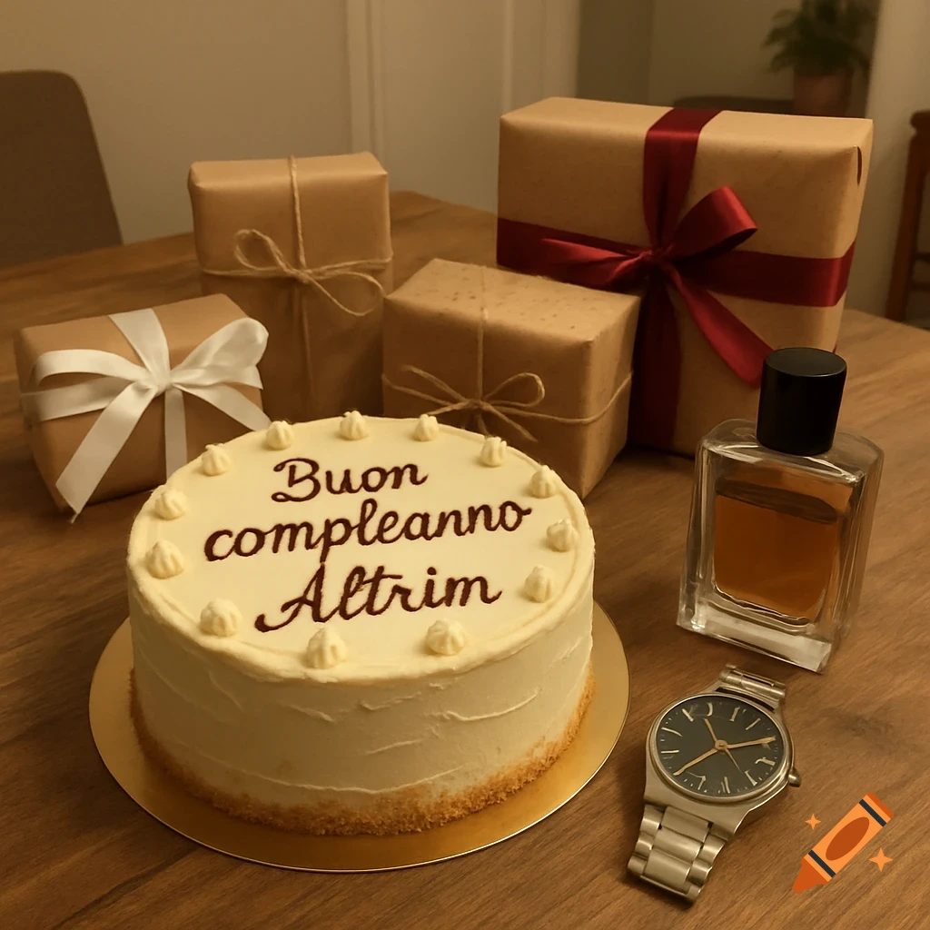 A birthday cake with "Buon compleanno Altrim" on a wooden table, surrounded by wrapped gifts, perfume, and a watch.