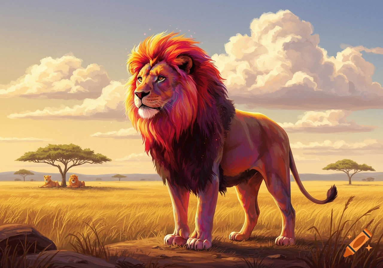 A majestic lion with a vibrant, fiery mane stands in a stylized savanna at sunset, with two lions resting in the background.
