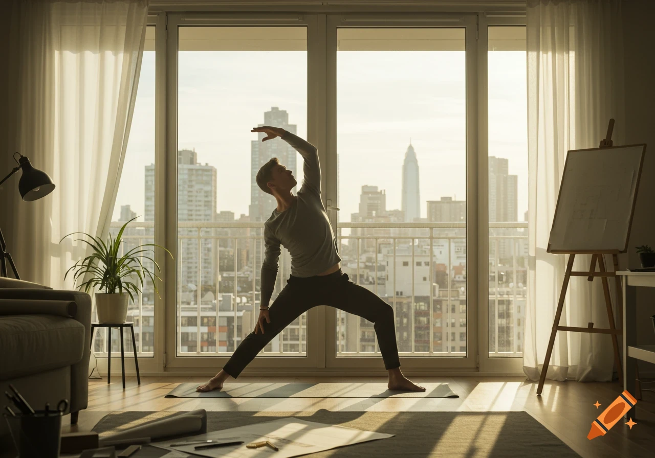 A man doing yoga in a bright, modern apartment overlooking a city skyline at sunset.