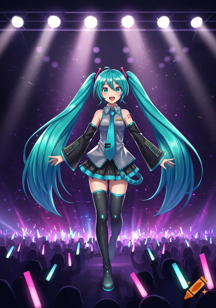 Hatsune Miku, an anime character with long teal pigtails, smiles on a glowing concert stage with a cheering crowd holding light sticks.