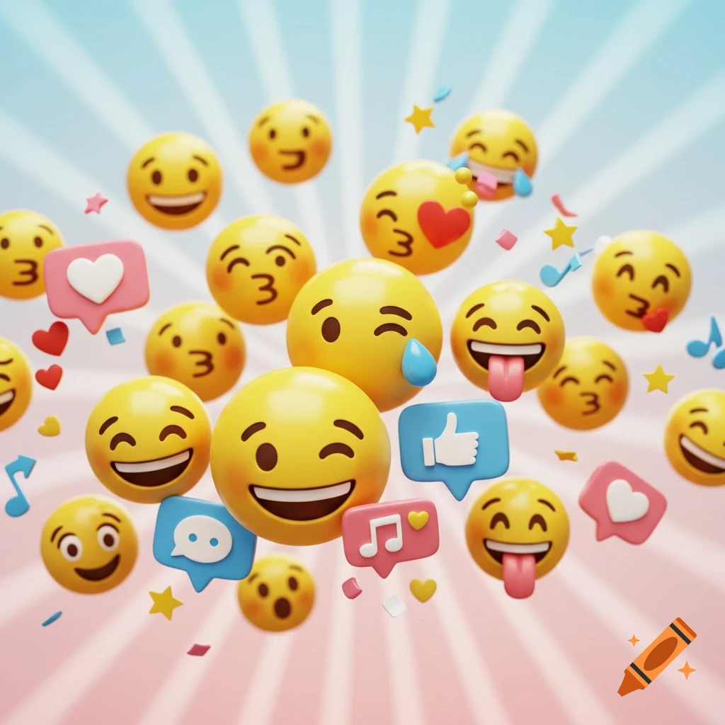 A vibrant collection of 3D rendered emojis with various expressions like happy, winking, and kissing, surrounded by social media icons on a radial blue and pink background.