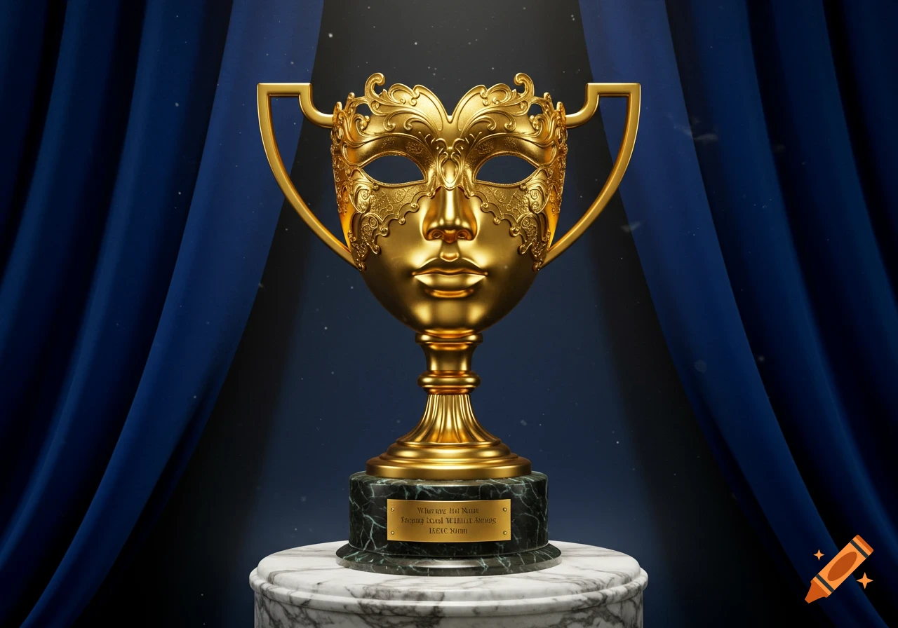 A golden trophy with a Venetian mask as its cup, set on a marble pedestal against blue curtains.