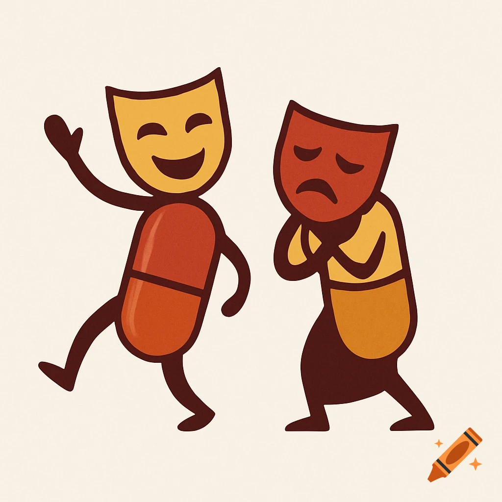 Two stylized vector figures: one with a joyful theater mask and pill capsule body dancing, another with a sad mask and pill capsule body in a melancholic pose. Red and gold tones.